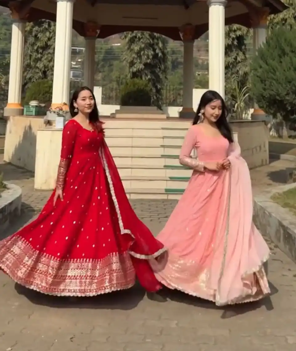 Red Fox Georgette Embroidery Work Anarkali Gown | Gowns, Bollywood Gowns, Creative Gowns, Designer Gowns, Embroidered Gowns, Party Wear Gowns, Straight Suits