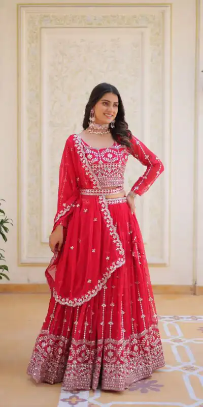 Red Fox Georgette Embroidery Work Lehenga Choli | Lehenga, Bollywood Lehenga, Creative Lehenga, Designer Lehenga, Embroidered Lehenga, Party Wear Lehenga