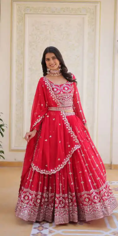 Red Fox Georgette Embroidery Work Lehenga Choli | Lehenga, Bollywood Lehenga, Creative Lehenga, Designer Lehenga, Embroidered Lehenga, Party Wear Lehenga