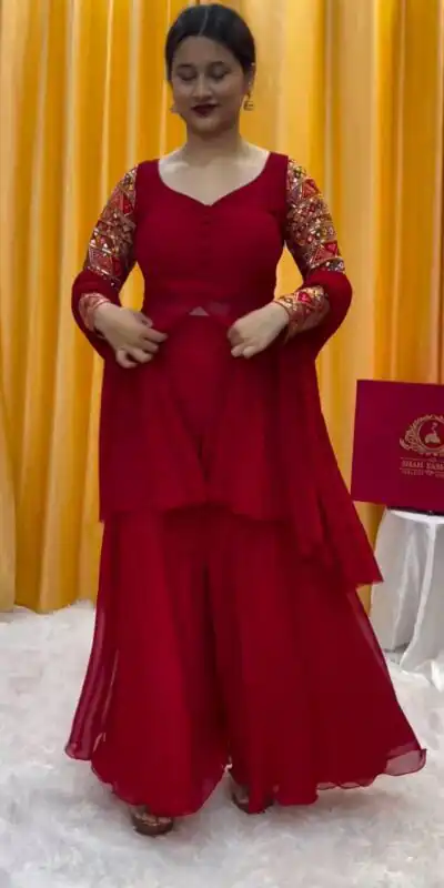 Red Fox Georgette Thread Work With Fancy Button Salwar Suit | Jump Suits, Salwar suit, Casual Suits, Creative suits, Designer Suits, Palazzo Suits, Party Wear Suits, Patiala Suits, Straight Suits