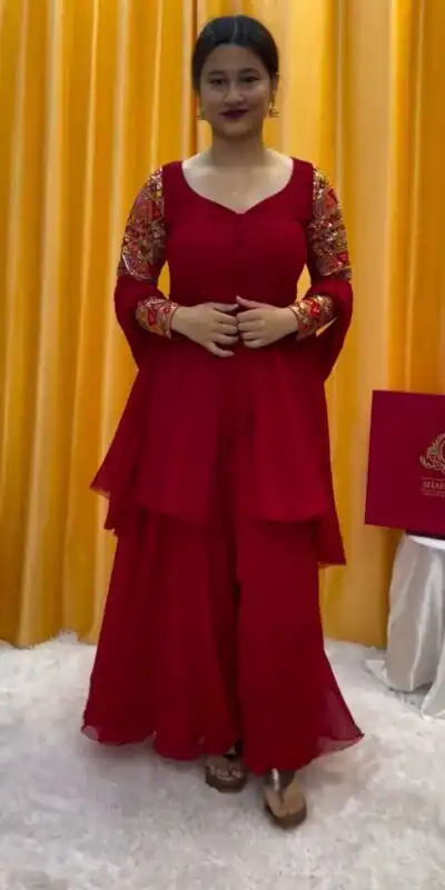 Red Fox Georgette Thread Work With Fancy Button Salwar Suit | Jump Suits, Salwar suit, Casual Suits, Creative suits, Designer Suits, Palazzo Suits, Party Wear Suits, Patiala Suits, Straight Suits