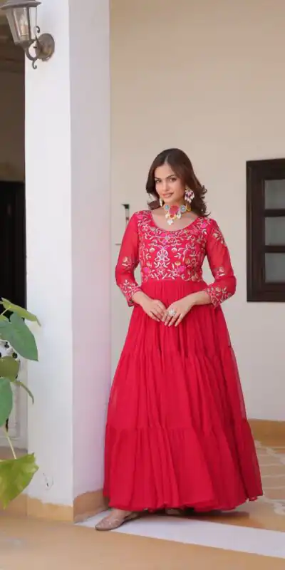 Red Fox Georgette With Embroidery Work Gown | Jump Suits, Salwar suit, Casual Suits, Creative suits, Designer Suits, Palazzo Suits, Party Wear Suits, Patiala Suits, Straight Suits