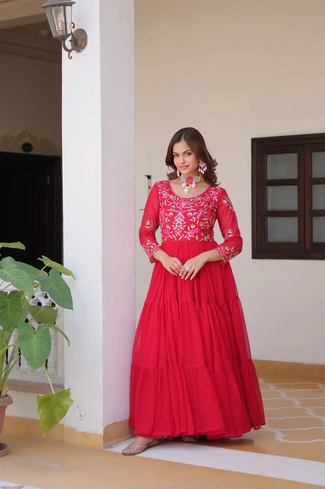 Red Fox Georgette With Embroidery Work Gown | Jump Suits, Salwar suit, Casual Suits, Creative suits, Designer Suits, Palazzo Suits, Party Wear Suits, Patiala Suits, Straight Suits