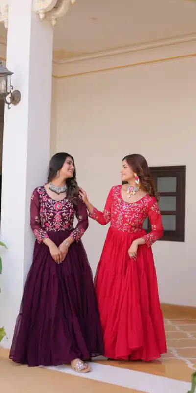 Red Fox Georgette With Embroidery Work Gown | Jump Suits, Salwar suit, Casual Suits, Creative suits, Designer Suits, Palazzo Suits, Party Wear Suits, Patiala Suits, Straight Suits