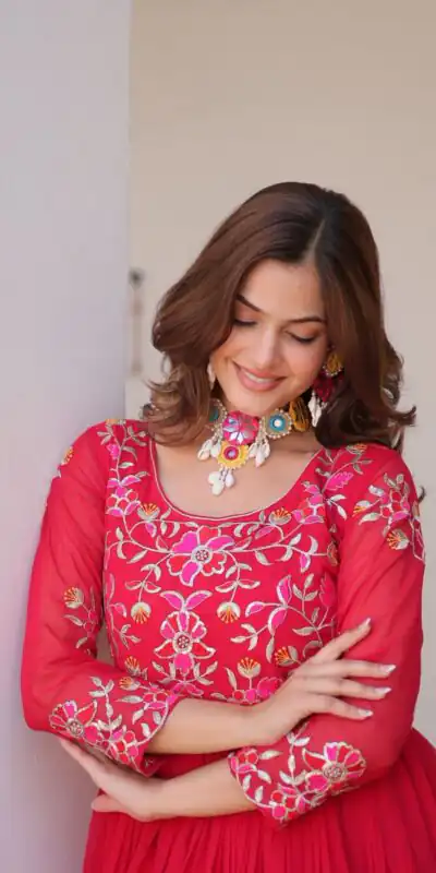 Red Fox Georgette With Embroidery Work Gown | Jump Suits, Salwar suit, Casual Suits, Creative suits, Designer Suits, Palazzo Suits, Party Wear Suits, Patiala Suits, Straight Suits