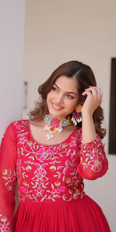 Red Fox Georgette With Embroidery Work Gown | Jump Suits, Salwar suit, Casual Suits, Creative suits, Designer Suits, Palazzo Suits, Party Wear Suits, Patiala Suits, Straight Suits