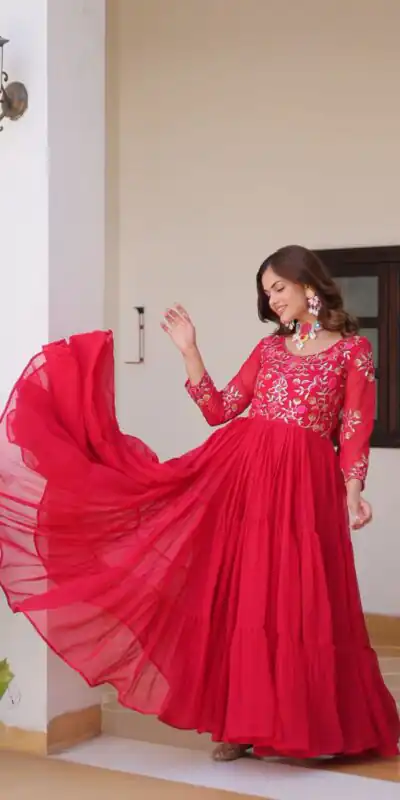 Red Fox Georgette With Embroidery Work Gown | Jump Suits, Salwar suit, Casual Suits, Creative suits, Designer Suits, Palazzo Suits, Party Wear Suits, Patiala Suits, Straight Suits