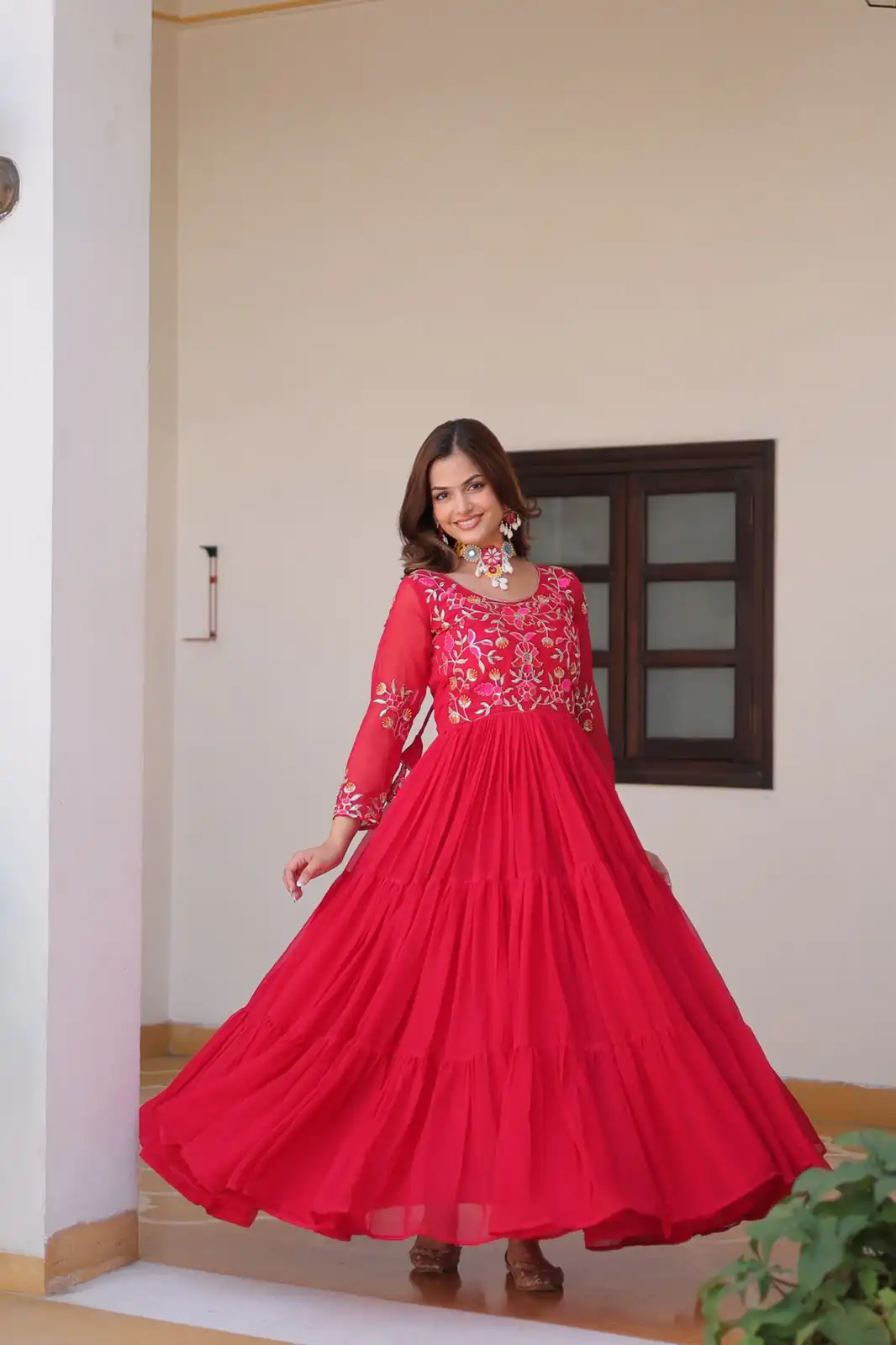 Red Fox Georgette With Embroidery Work Gown | Jump Suits, Salwar suit, Casual Suits, Creative suits, Designer Suits, Palazzo Suits, Party Wear Suits, Patiala Suits, Straight Suits