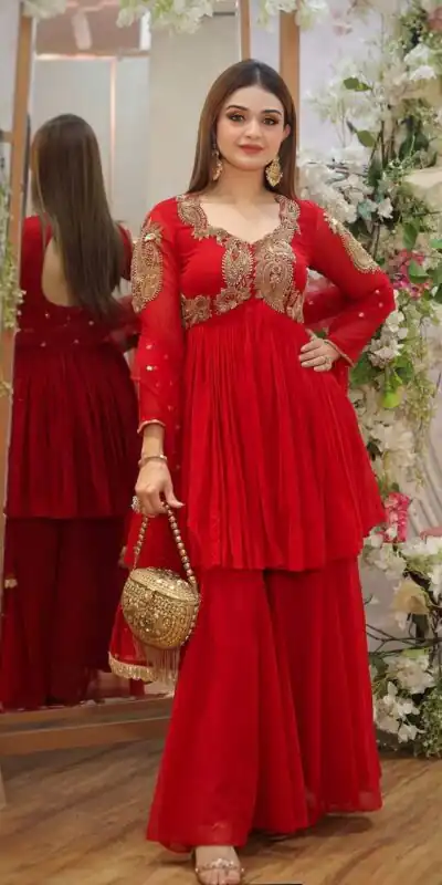 Red Fox Georgette With Sequins Work Salwar Suit | Jump Suits, Tops & Bottoms, Track Suits, Salwar suit, Casual Suits, Creative suits, Designer Suits, Palazzo Suits, Party Wear Suits, Patiala Suits, Straight Suits, Trendy Wear