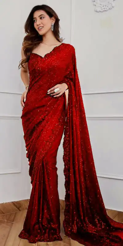 Red Georgette 5MM Sequence Work Saree | Sarees, Bollywood Sarees, Creative Sarees, Designer Sarees, Embroidered Sarees, Ethnic Saree, Modern Digital sarees, Party Wear Sarees