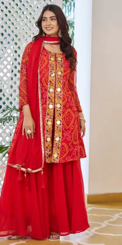 Red Georgette Badhani Print Embroidery Work Salwar Suit | Jump Suits, Tops & Bottoms, Track Suits, Salwar suit, Casual Suits, Creative suits, Designer Suits, Palazzo Suits, Party Wear Suits, Patiala Suits, Straight Suits, Trendy Wear