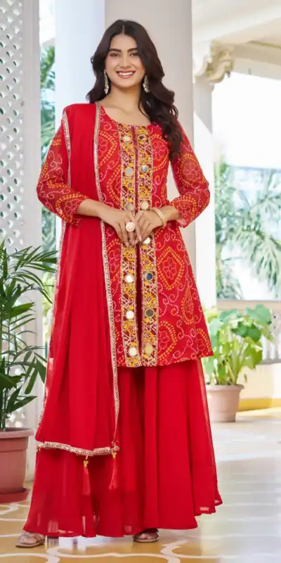 Red Georgette Badhani Print Embroidery Work Salwar Suit | Jump Suits, Tops & Bottoms, Track Suits, Salwar suit, Casual Suits, Creative suits, Designer Suits, Palazzo Suits, Party Wear Suits, Patiala Suits, Straight Suits, Trendy Wear