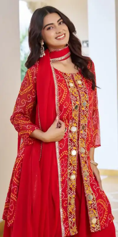 Red Georgette Badhani Print Embroidery Work Salwar Suit | Jump Suits, Tops & Bottoms, Track Suits, Salwar suit, Casual Suits, Creative suits, Designer Suits, Palazzo Suits, Party Wear Suits, Patiala Suits, Straight Suits, Trendy Wear