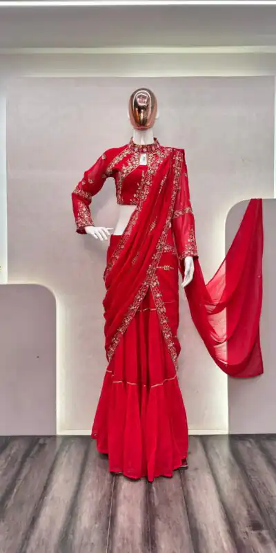 Red Georgette Embroidery Lehenga Saree | Lehenga, Bollywood Lehenga, Creative Lehenga, Designer Lehenga, Embroidered Lehenga, Party Wear Lehenga