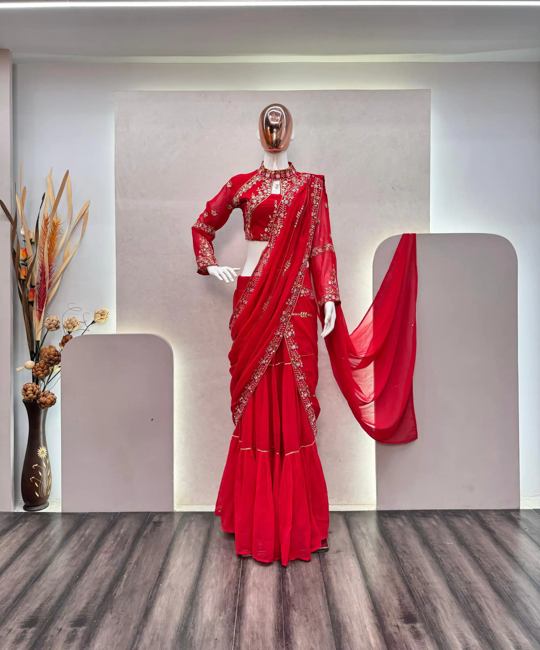 Red Georgette Embroidery Lehenga Saree | Lehenga, Bollywood Lehenga, Creative Lehenga, Designer Lehenga, Embroidered Lehenga, Party Wear Lehenga