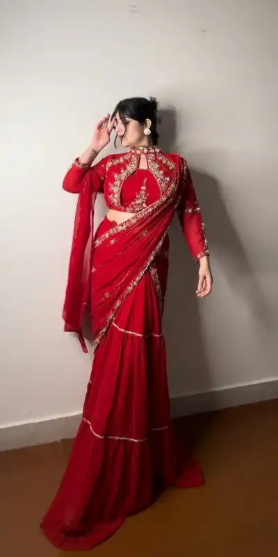 Red Georgette Embroidery Lehenga Saree | Lehenga, Bollywood Lehenga, Creative Lehenga, Designer Lehenga, Embroidered Lehenga, Party Wear Lehenga