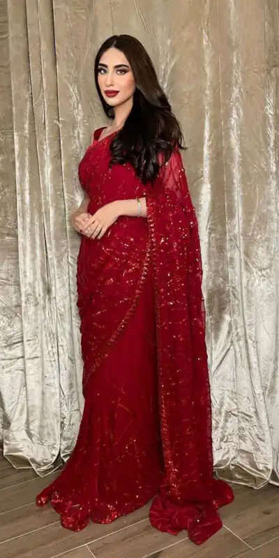 Red Georgette Embroidery Sequence Piping Saree | Sarees, Bollywood Sarees, Creative Sarees, Designer Sarees, Embroidered Sarees, Ethnic Saree, Modern Digital sarees, Party Wear Sarees