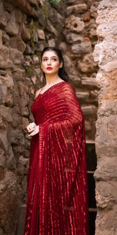 Red Georgette Embroidery Sequence Work Saree | Sarees, Bollywood Sarees, Creative Sarees, Designer Sarees, Embroidered Sarees, Ethnic Saree, Modern Digital sarees, Party Wear Sarees