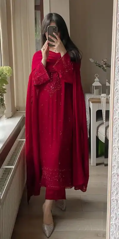 Red Georgette Embroidery Work Salwar Suit | Jump Suits, Tops & Bottoms, Track Suits, Salwar suit, Casual Suits, Creative suits, Designer Suits, Palazzo Suits, Party Wear Suits, Patiala Suits, Straight Suits, Trendy Wear
