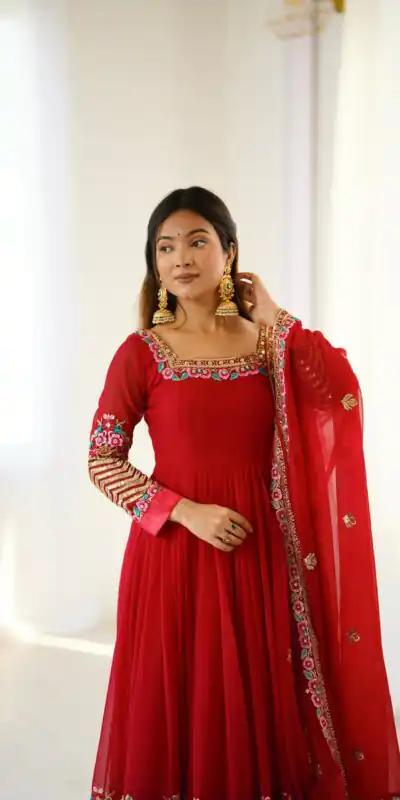 Red Georgette Multi Thread Work Gown | Jump Suits, Salwar suit, Casual Suits, Creative suits, Designer Suits, Palazzo Suits, Party Wear Suits, Patiala Suits, Straight Suits