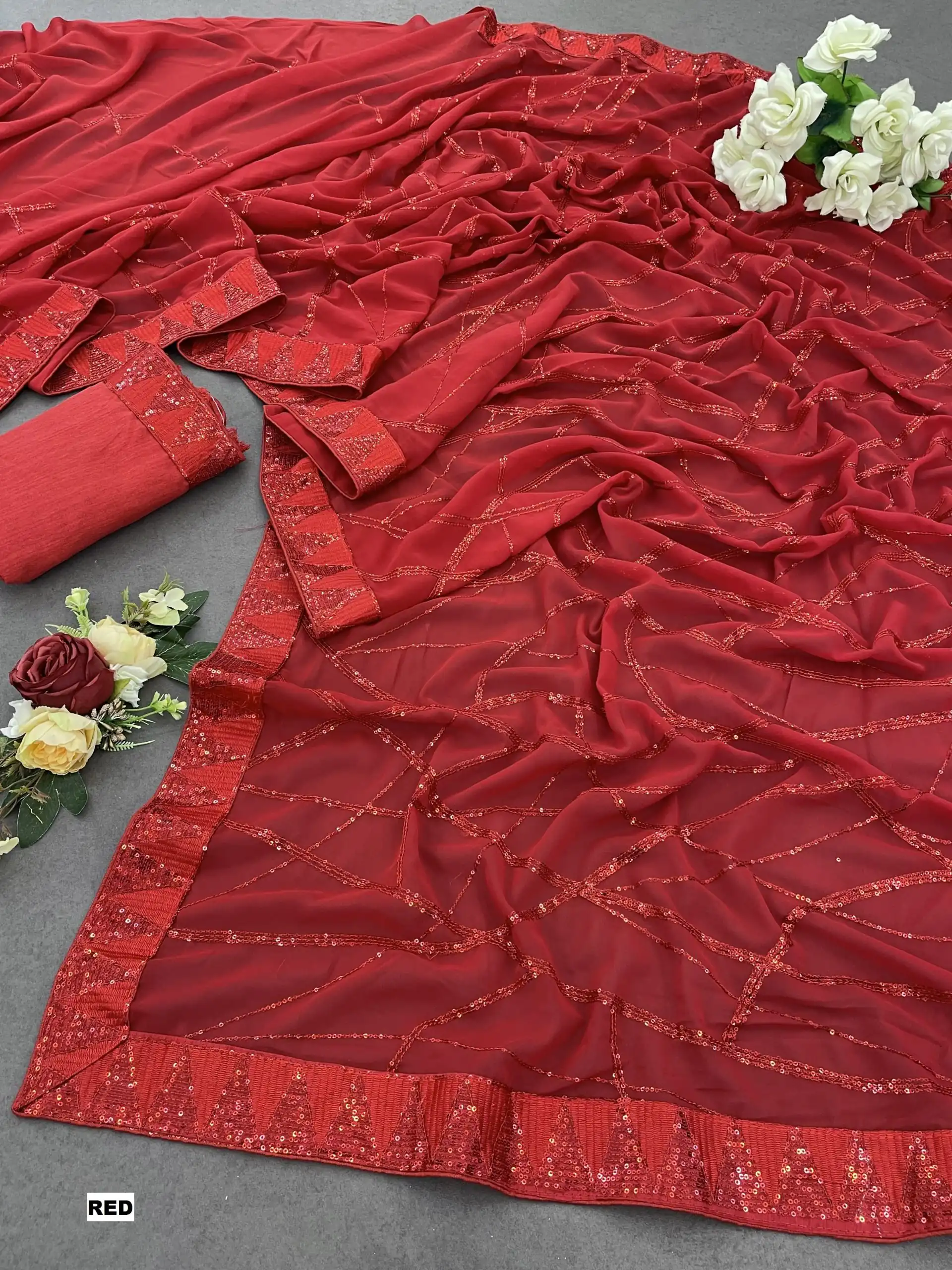 Red Georgette Sequins Embroidery Work Saree | Sarees, Bollywood Sarees, Creative Sarees, Designer Sarees, Embroidered Sarees, Ethnic Saree, Modern Digital sarees, Party Wear Sarees