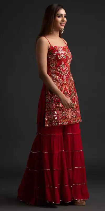 Red Georgette Sharara Suit with Mirror Work | Salwar suit, Casual Suits, Creative suits, Designer Suits, Palazzo Suits, Party Wear Suits, Straight Suits