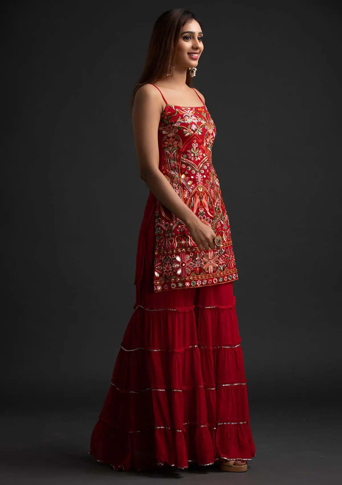 Red Georgette Sharara Suit with Mirror Work | Salwar suit, Casual Suits, Creative suits, Designer Suits, Palazzo Suits, Party Wear Suits, Straight Suits