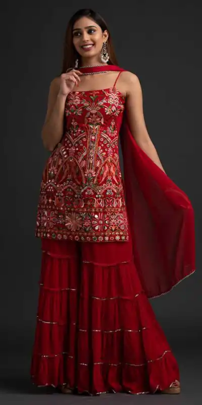 Red Georgette Sharara Suit with Mirror Work | Salwar suit, Casual Suits, Creative suits, Designer Suits, Palazzo Suits, Party Wear Suits, Straight Suits