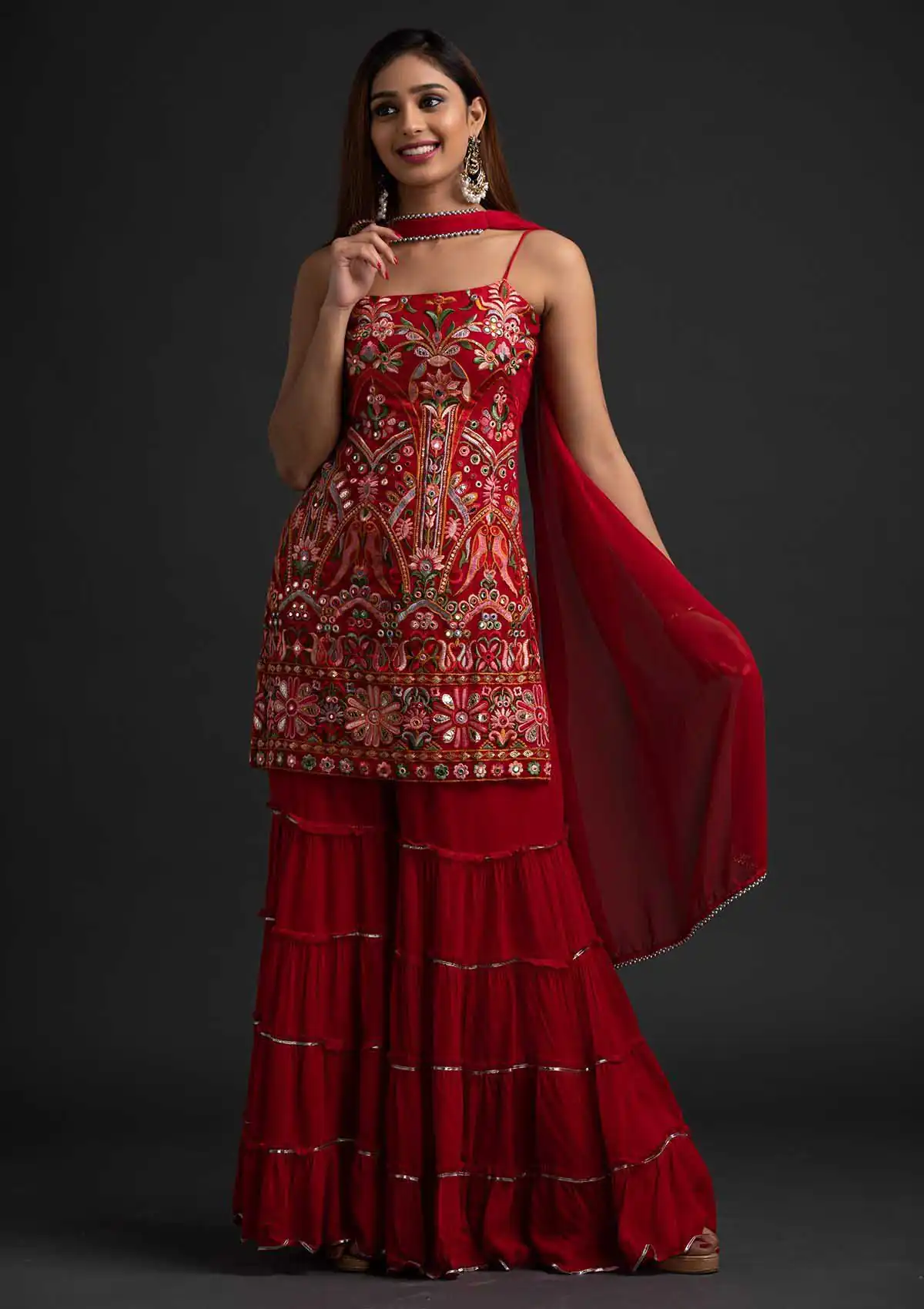 Red Georgette Sharara Suit with Mirror Work | Salwar suit, Casual Suits, Creative suits, Designer Suits, Palazzo Suits, Party Wear Suits, Straight Suits