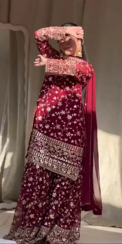 Red Georgette Thread 9mm Sequence Salwar Suit | Jump Suits, Salwar suit, Casual Suits, Creative suits, Designer Suits, Palazzo Suits, Party Wear Suits, Patiala Suits, Straight Suits