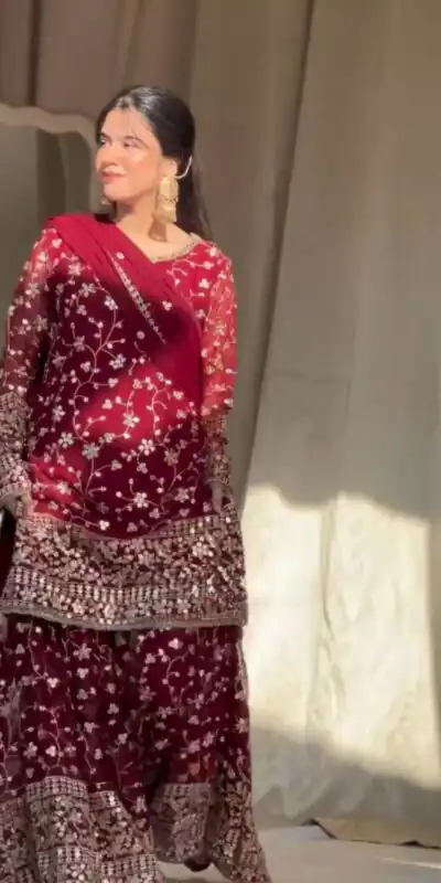 Red Georgette Thread 9mm Sequence Salwar Suit | Jump Suits, Salwar suit, Casual Suits, Creative suits, Designer Suits, Palazzo Suits, Party Wear Suits, Patiala Suits, Straight Suits