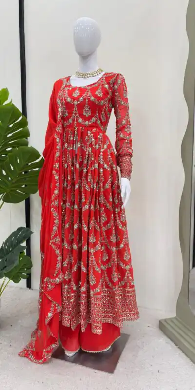 Red Georgette Thread Sequence Work Salwar Suit | Jump Suits, Salwar suit, Casual Suits, Creative suits, Designer Suits, Palazzo Suits, Party Wear Suits, Patiala Suits, Straight Suits