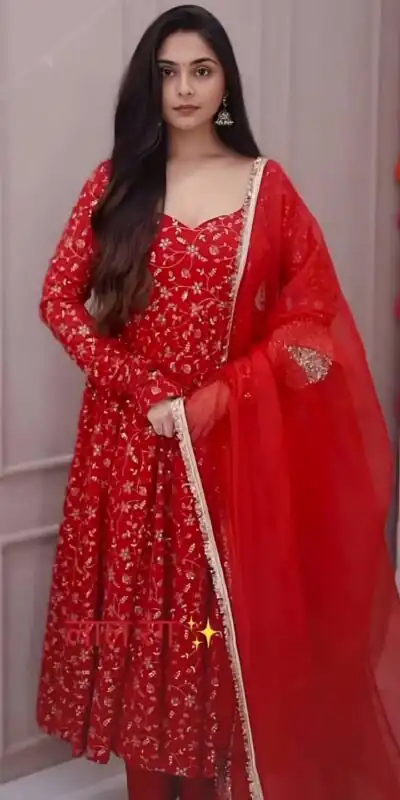 Red Georgette With Embroidery Sequence Gown | Gowns, Bollywood Gowns, Creative Gowns, Designer Gowns, Embroidered Gowns, Party Wear Gowns