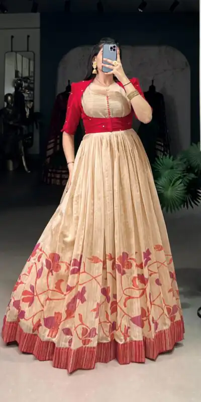 Red Green Silk Printed Gown | Gowns, Bollywood Gowns, Creative Gowns, Designer Gowns, Embroidered Gowns, Party Wear Gowns