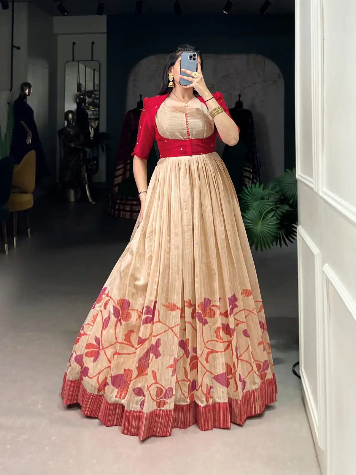 Red Green Silk Printed Gown | Gowns, Bollywood Gowns, Creative Gowns, Designer Gowns, Embroidered Gowns, Party Wear Gowns