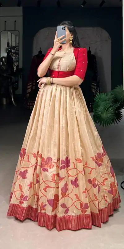 Red Green Silk Printed Gown | Gowns, Bollywood Gowns, Creative Gowns, Designer Gowns, Embroidered Gowns, Party Wear Gowns
