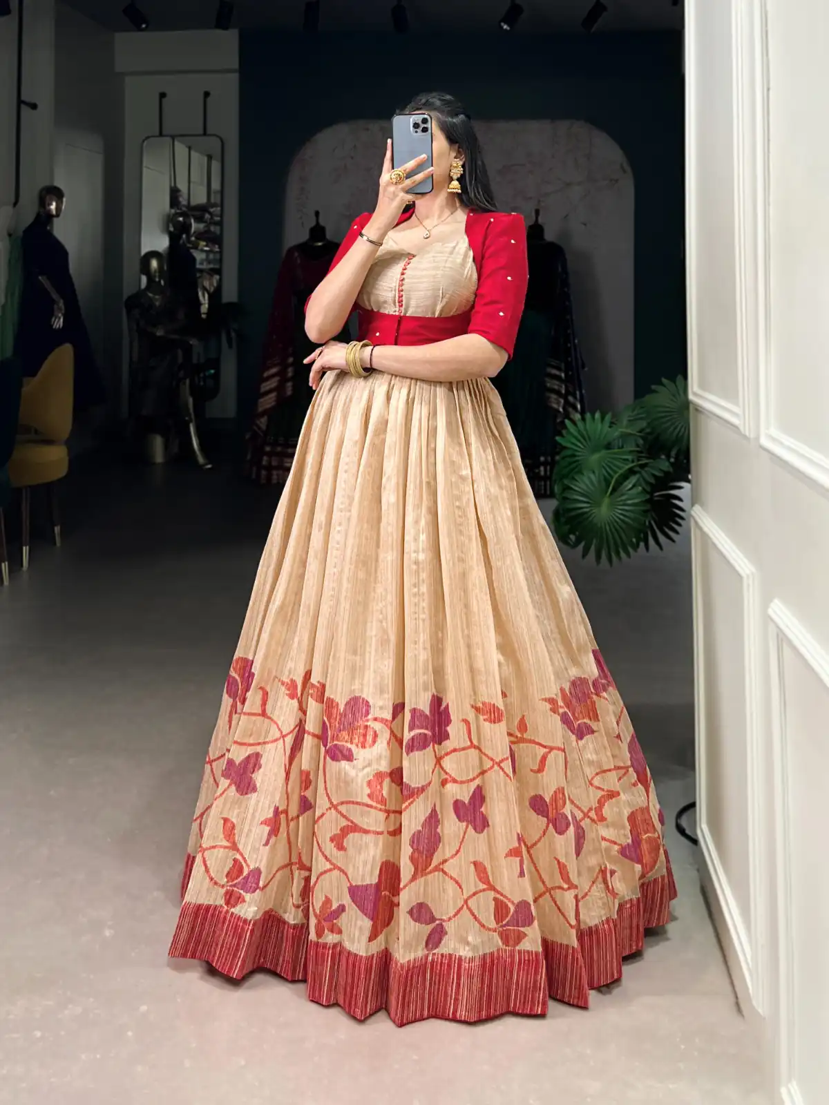 Red Green Silk Printed Gown | Gowns, Bollywood Gowns, Creative Gowns, Designer Gowns, Embroidered Gowns, Party Wear Gowns