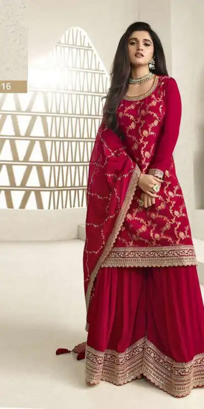 Red Jacquard Silk Chinon Multi Work Salwar Suit | Jump Suits, Salwar suit, Casual Suits, Creative suits, Designer Suits, Palazzo Suits, Party Wear Suits, Patiala Suits, Straight Suits