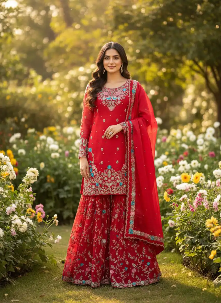 Red Organza Silk Sequence Moti Work Salwar Suit | Jump Suits, Salwar suit, Casual Suits, Creative suits, Designer Suits, Palazzo Suits, Party Wear Suits, Patiala Suits, Straight Suits