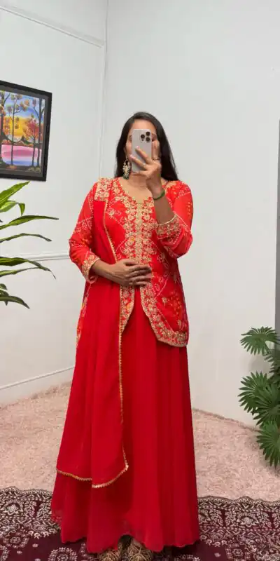 Red Printed Faux Georgette Embroidery Work Salwar Suit | Jump Suits, Salwar suit, Casual Suits, Creative suits, Designer Suits, Palazzo Suits, Party Wear Suits, Patiala Suits, Straight Suits