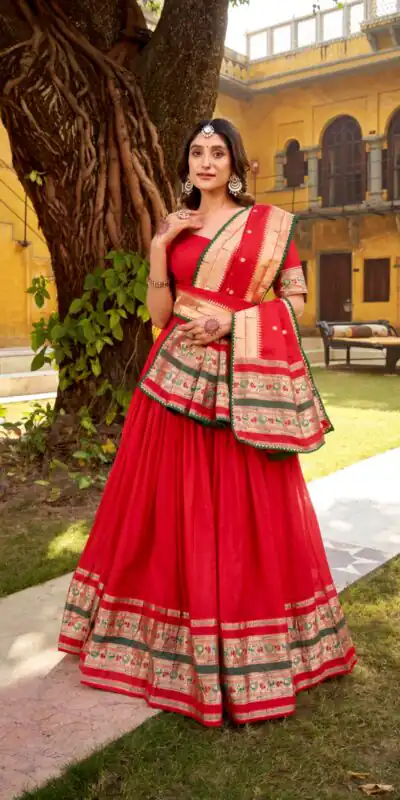 Red Pure Chanderi Zari Weaving Work Lehenga Choli | Lehenga, Bollywood Lehenga, Creative Lehenga, Designer Lehenga, Embroidered Lehenga, Party Wear Lehenga
