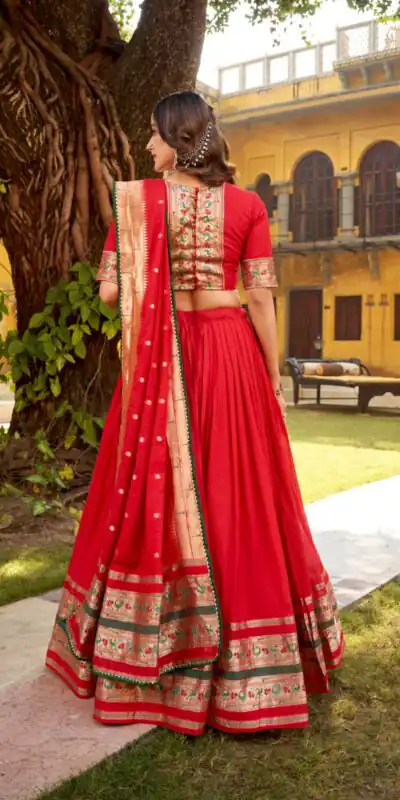 Red Pure Chanderi Zari Weaving Work Lehenga Choli | Lehenga, Bollywood Lehenga, Creative Lehenga, Designer Lehenga, Embroidered Lehenga, Party Wear Lehenga