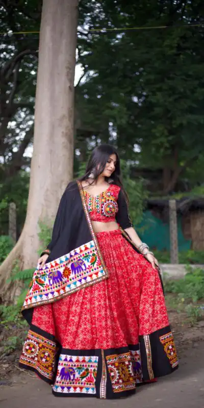 Red Pure Cotton With Gamthi Work Lehenga Choli | Lehenga, Bollywood Lehenga, Creative Lehenga, Designer Lehenga, Embroidered Lehenga, Party Wear Lehenga