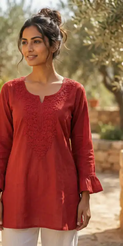Red Rayon Chikan Work Kurti | Kurti, Bollywood Kurti, Creative Kurtis, Designer Kurti, Party Wear Kurti, Selfie Kurti