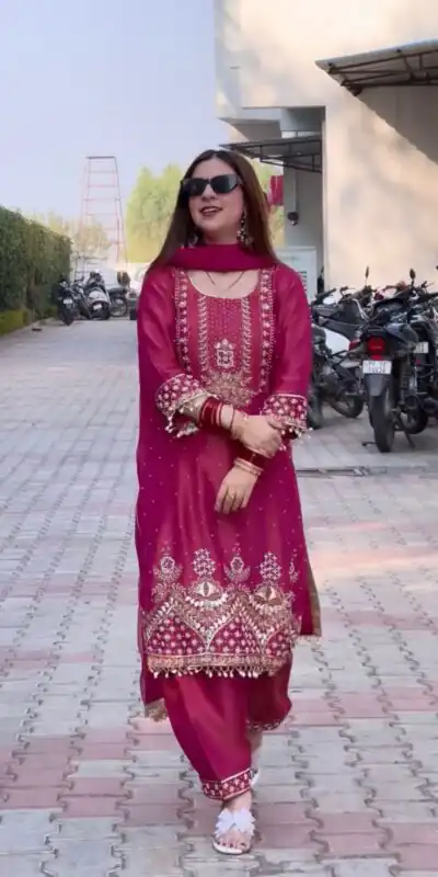 Red Roman Shimmer Silk Embroidery Sequences Work Peral Moti Salwar Suit | Jump Suits, Salwar suit, Casual Suits, Creative suits, Designer Suits, Palazzo Suits, Party Wear Suits, Patiala Suits, Straight Suits