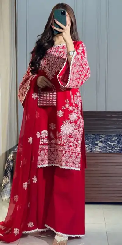 Red Roman Silk Embroidery Work Salwar Suit | Jump Suits, Tops & Bottoms, Track Suits, Salwar suit, Casual Suits, Creative suits, Designer Suits, Palazzo Suits, Party Wear Suits, Patiala Suits, Straight Suits, Trendy Wear