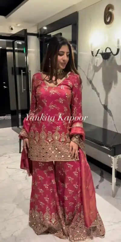 Red Simmer Silk Embroidery Work Salwar Suit | Jump Suits, Salwar suit, Casual Suits, Creative suits, Designer Suits, Palazzo Suits, Party Wear Suits, Patiala Suits, Straight Suits