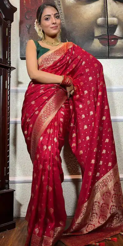 Red Soft Lichi Silk Border Jacquard Work Saree | Sarees, Bollywood Sarees, Creative Sarees, Designer Sarees, Embroidered Sarees, Ethnic Saree, Modern Digital sarees, Party Wear Sarees