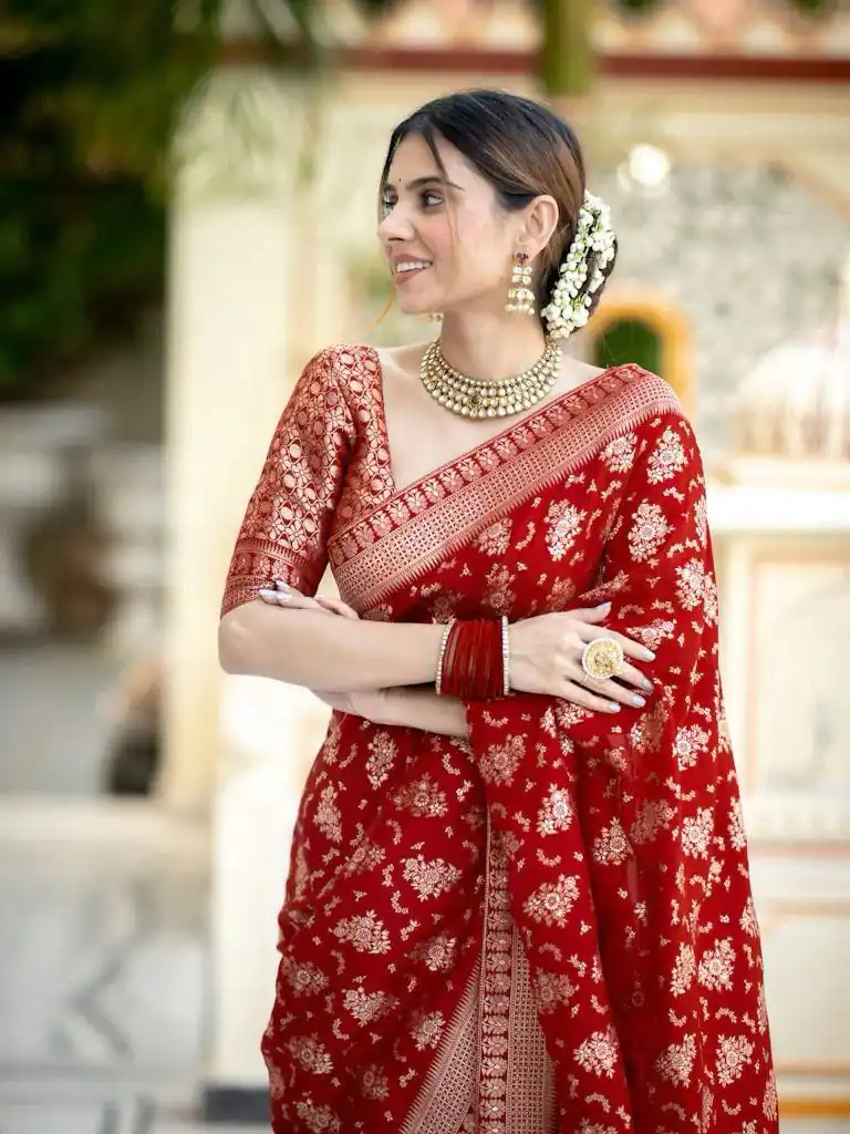 Red Soft Silk Jacquard All Over Work Saree | Sarees, Bollywood Sarees, Creative Sarees, Designer Sarees, Embroidered Sarees, Ethnic Saree, Modern Digital sarees, Party Wear Sarees