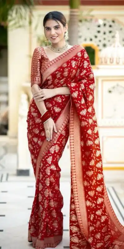 Red Soft Silk Jacquard All Over Work Saree | Sarees, Bollywood Sarees, Creative Sarees, Designer Sarees, Embroidered Sarees, Ethnic Saree, Modern Digital sarees, Party Wear Sarees